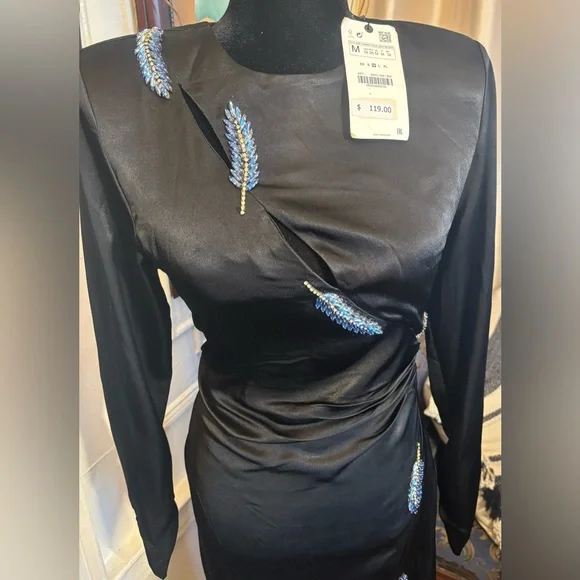 ZARA NEW LEAF SATIN EFFECT DRESS CUT OUT LONG MAXI FITTED SIZE M - Picture 4 of 12